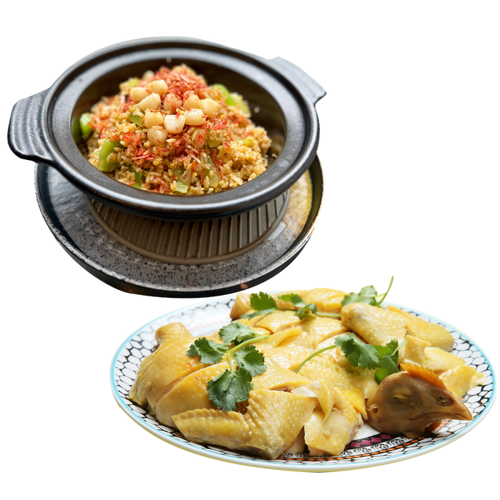 顧家生焗走地鹽焗雞 拼 櫻花蝦珍珠帶子鮑汁飯 (約1.8磅)